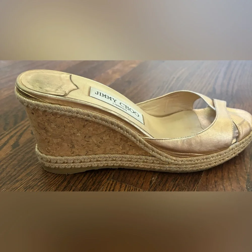 Jimmy Choo Almer Metallic Nappa Leather Wedges Braid Trim in gold, Size 38.5